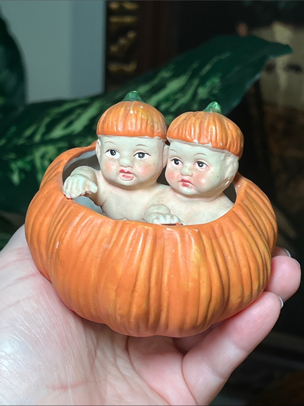 Vintage Halloween Creepy Cute Conjoined Twins Pumpkin Bisque Porcelain Figurine